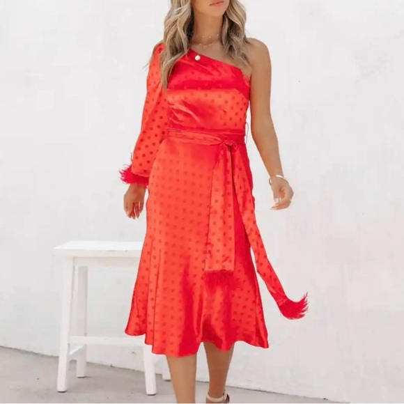 Vici Margaux Satin Feather Trim Midi Dress XS One Shoulder Holiday Christmas Red - Picture 2 of 16